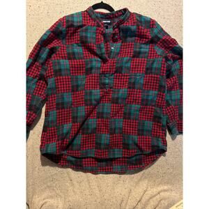 Women’s Lands’ End XL Patchwork Thick Flannel Banded Collar Shirt Cozy Cabin